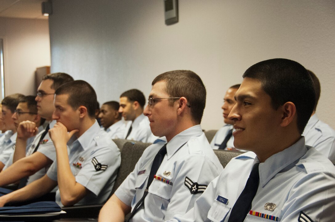 Airmen from the 82nd Training Wing and the 80th Flying Training Wing attend an Airmen enhancement seminar April 21, 2014, at the Professional Development Center, Sheppard Air Force Base, Texas. The seminar’s purpose was to help Airmen bridge the gap between the First-Term Airmen Center and their first professional military education course by exposure so some of the career management tools offered by the Air Force. (U.S. Air Force photo/Airman 1st Class Robert L. McIlrath)