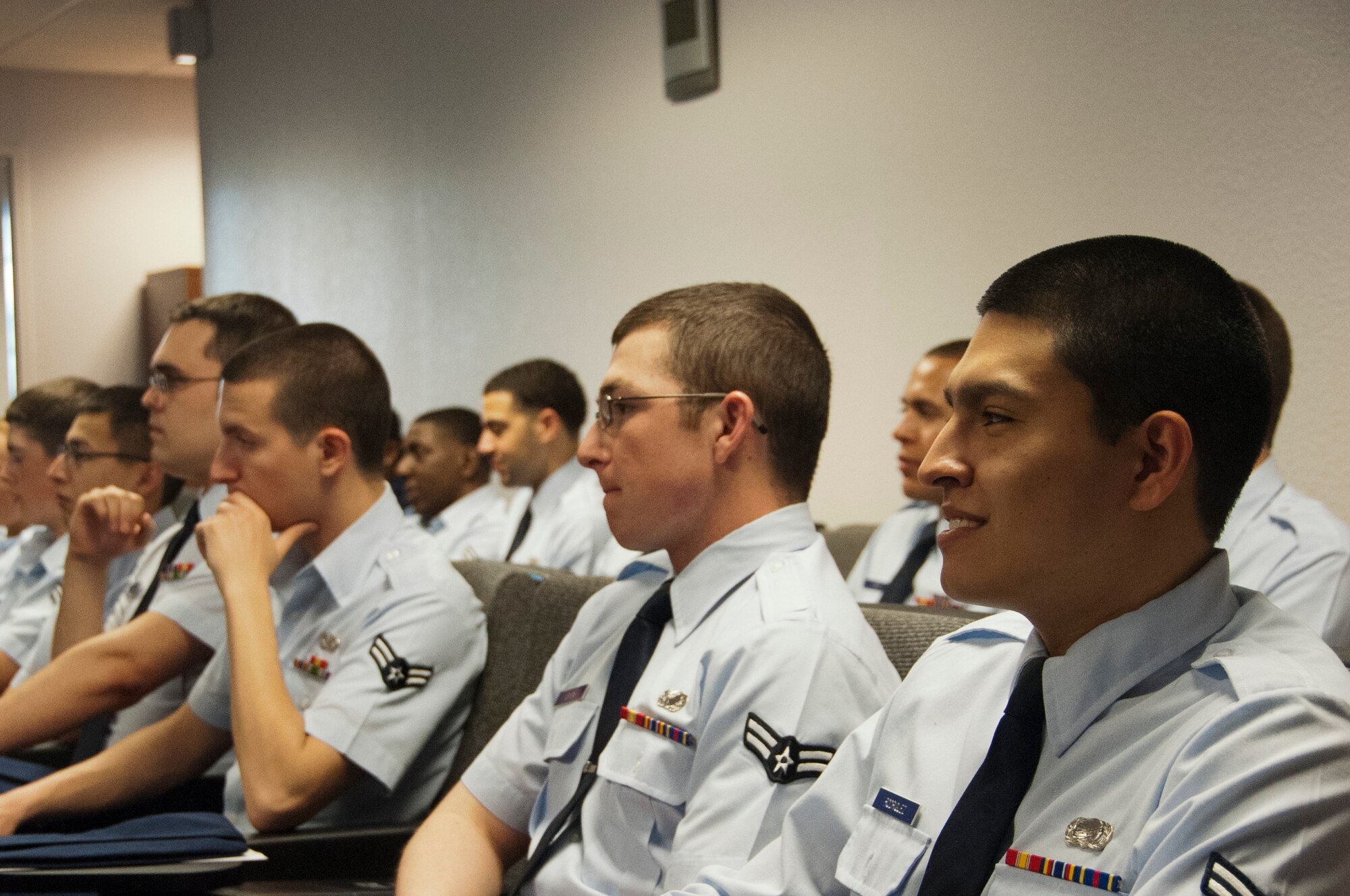 Airmen from the 82nd Training Wing and the 80th Flying Training Wing attend an Airmen enhancement seminar April 21, 2014, at the Professional Development Center, Sheppard Air Force Base, Texas. The seminar’s purpose was to help Airmen bridge the gap between the First-Term Airmen Center and their first professional military education course by exposure so some of the career management tools offered by the Air Force. (U.S. Air Force photo/Airman 1st Class Robert L. McIlrath)