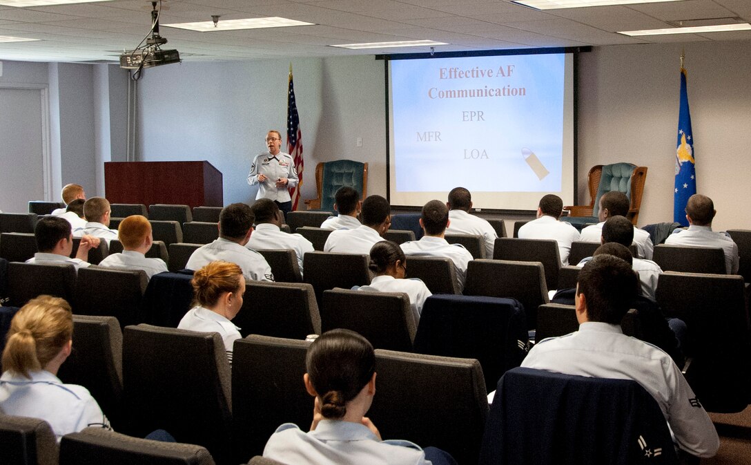 Airmen from the 82nd Training Wing and the 80th Flying Training Wing attend an Airmen enhancement seminar April 21, 2014, at the Professional Development Center, Sheppard Air Force Base, Texas. The seminar’s purpose was to help Airmen bridge the gap between the First-Term Airmen Center and their first professional military education course by exposure so some of the career management tools offered by the Air Force. (U.S. Air Force photo/Airman 1st Class Robert L. McIlrath)