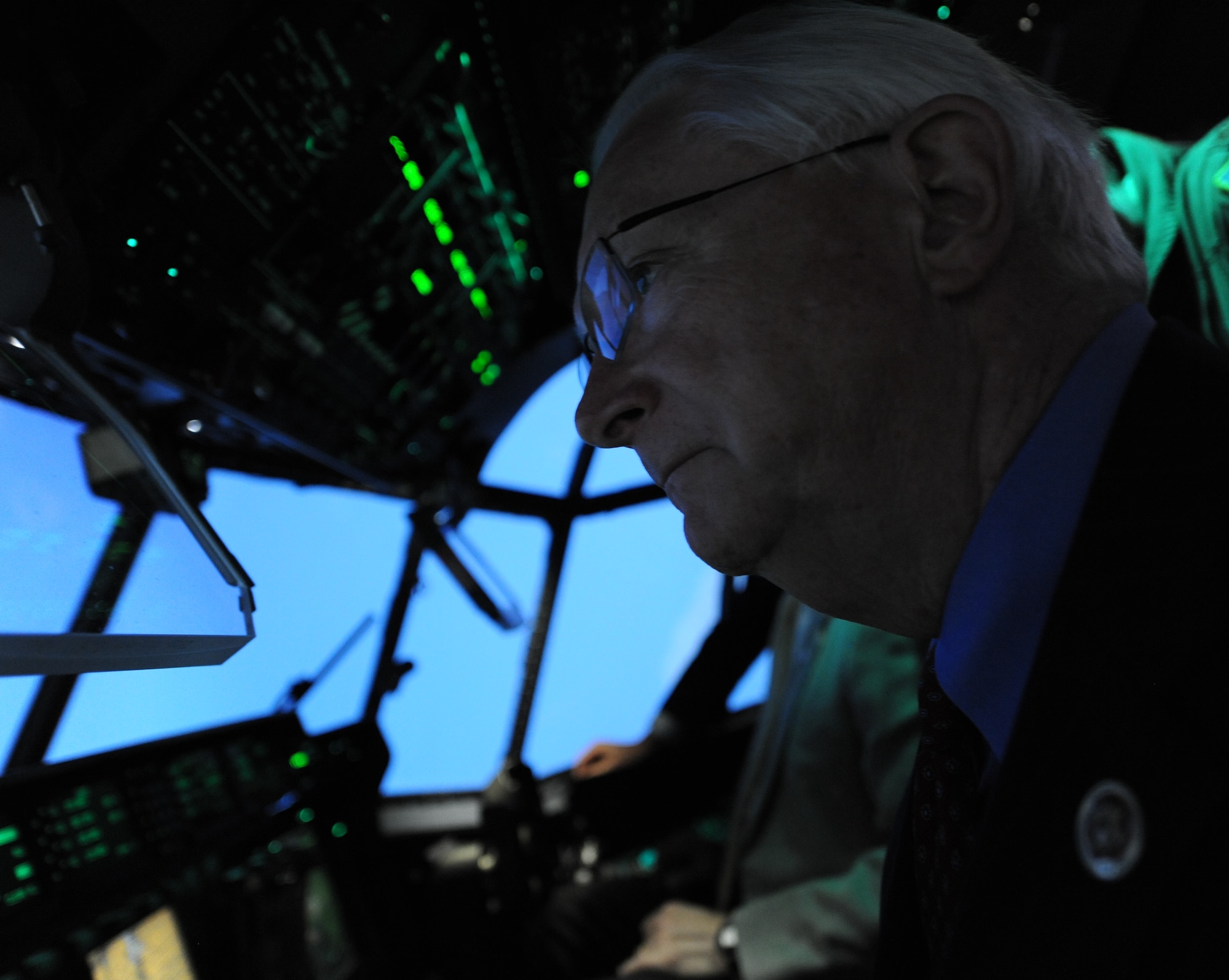 U.S. Rep. Randy Neugebauer views Dyess’ new C-130J Super Hercules simulator April 22, 2014, at Dyess Air Force Base, Texas. The $26 million simulator will allow aircrew to complete up to 88 percent of their annual training requirements in a simulated environment, which can be tailored to maximize the benefits for individual crews. (U.S. Air Force photo by Airman 1st Class Kedesha Pennant/Released)