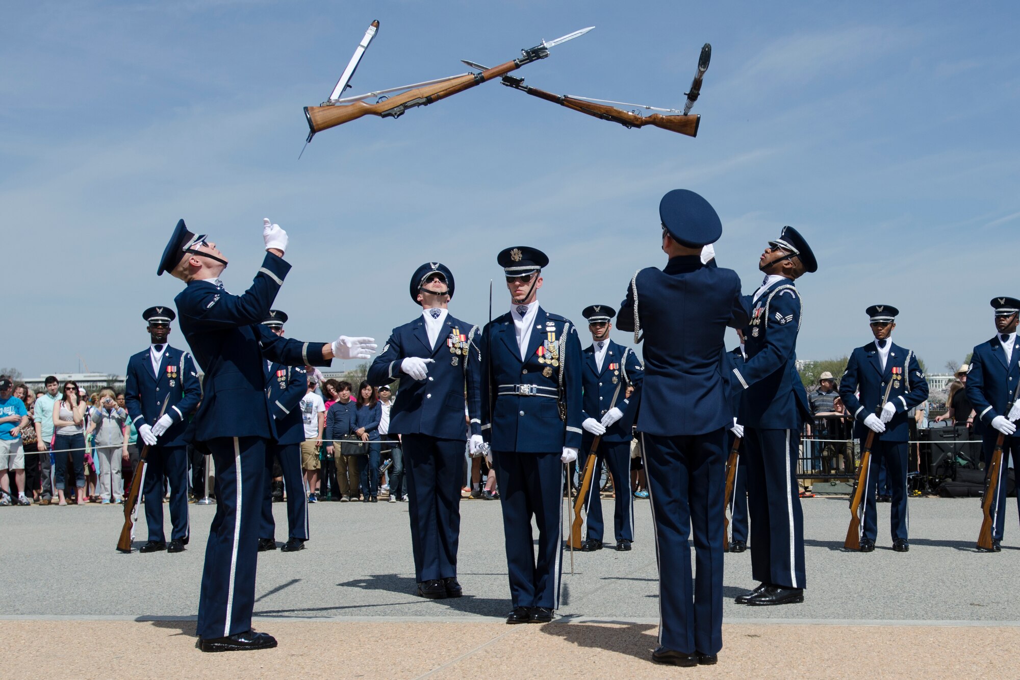 The United States Air Force Honor Guard Drill Team performs during the Joint Service Drill Exhibition, April 12, at the Jefferson Memorial in Washington D.C. (U.S. Air Force Photo/Staff Sgt. Robert Cloys)