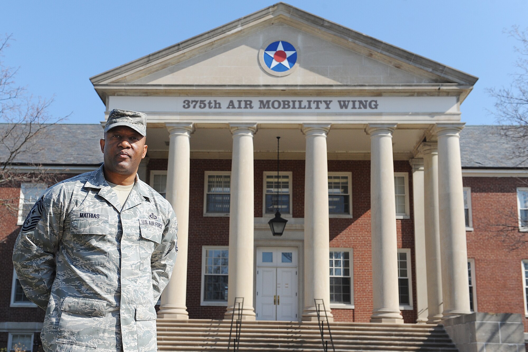 Chief Master Sgt. Wesley Mathias assumed the position of the 375th Air Mobility Wing command chief master sgt. April 7, 2014.  Mathias serves as the wing’s senior enlisted leader and advisor to the commander.  A 26-year veteran, he has served in various duties in the weather career field, squadron and group superintended, and first sergeant.  (U.S. photo by Staff Sgt. Maria Bowman)