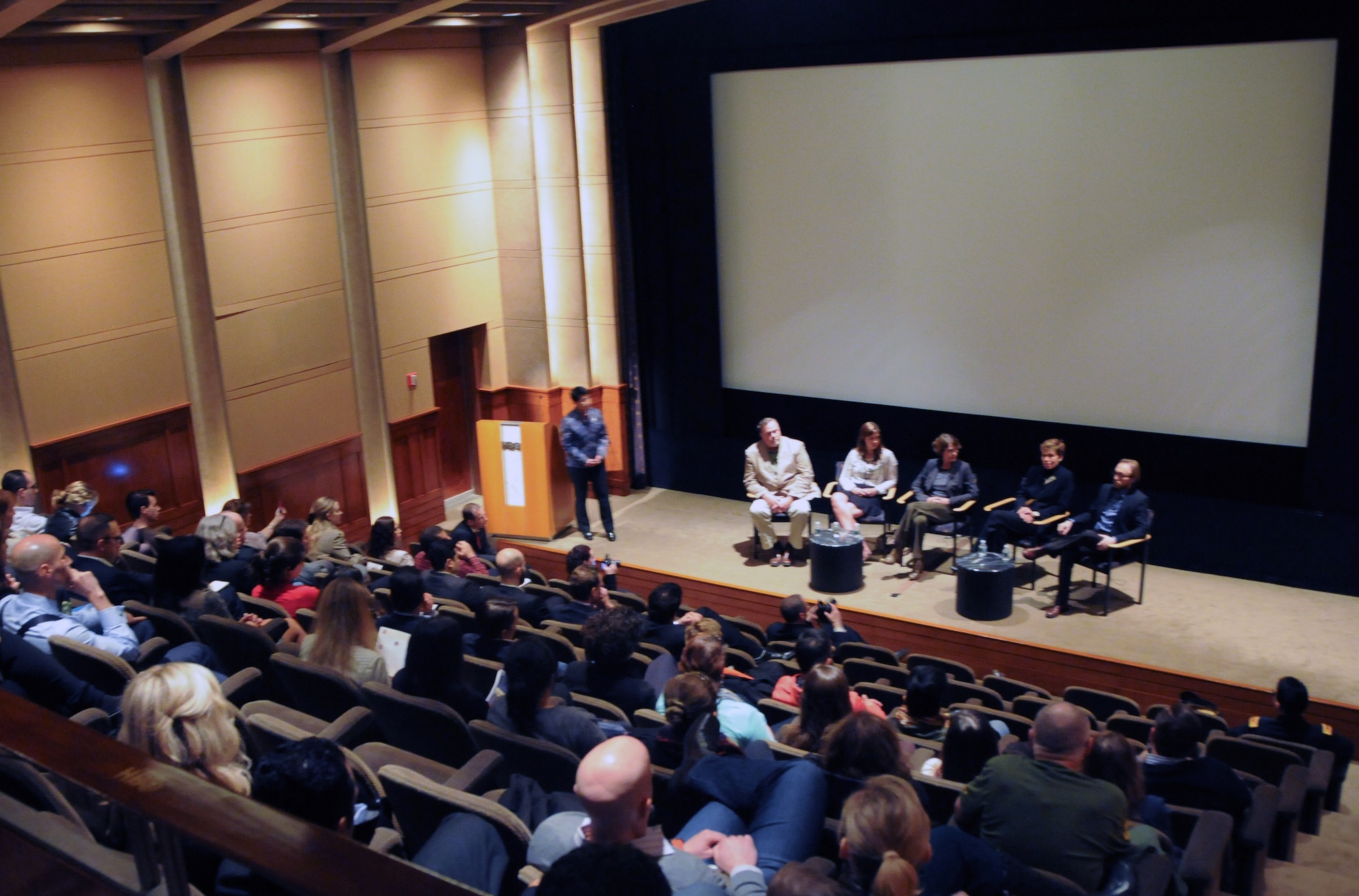 Dr. Paul Wade, suicide prevention program manager for the Army Reserve’s 99th Regional Support Command, serves on a panel of suicide-prevention experts following the premiere of HBO’s documentary, “Crisis Hotline: Veterans Press 1,” April 15 at HBO headquarters in New York City. Wade was joined by fellow panelists Rebecca Morrison, suicide survivor communications liaison for the Tragedy Assistance Program for Survivors, Dana Perry, producer of the documentary, Dr. Loree Sutton, retired Army brigadier general and founder of Defense Centers of Excellence for Psychological Health and Traumatic Brain Injury, and Jason Walter, licensed master social worker and chairman of the New York City chapter of The Soldiers Project. (U.S. Army photo by Staff Sgt. Shawn Morris/Released)