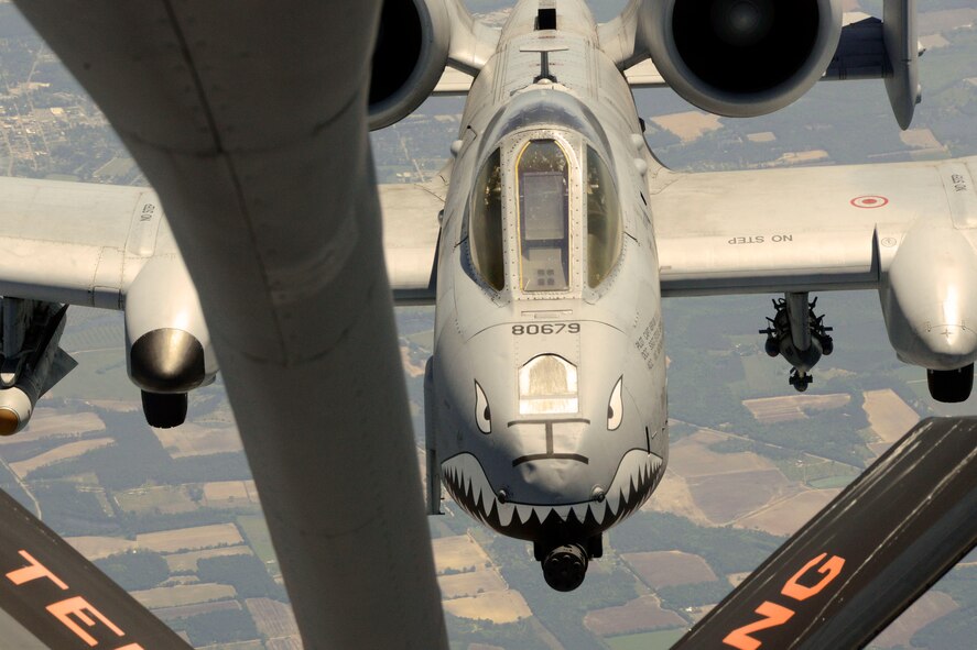 An A-10 Thunderbolt (Warthog) aircraft from the 23rd Fighter Group, Moody Air Force Base, Georgia lines up to take on fuel from a KC-135R Stratotanker aircraft from the 134th Air Refueling Wing, McGhee Tyson Air National Guard Base, TN during a refueling mission on Apr 22. (U.S. Air National Guard photo by Master Sgt. Kendra M. Owenby, 134 ARW Public Affairs/Released)