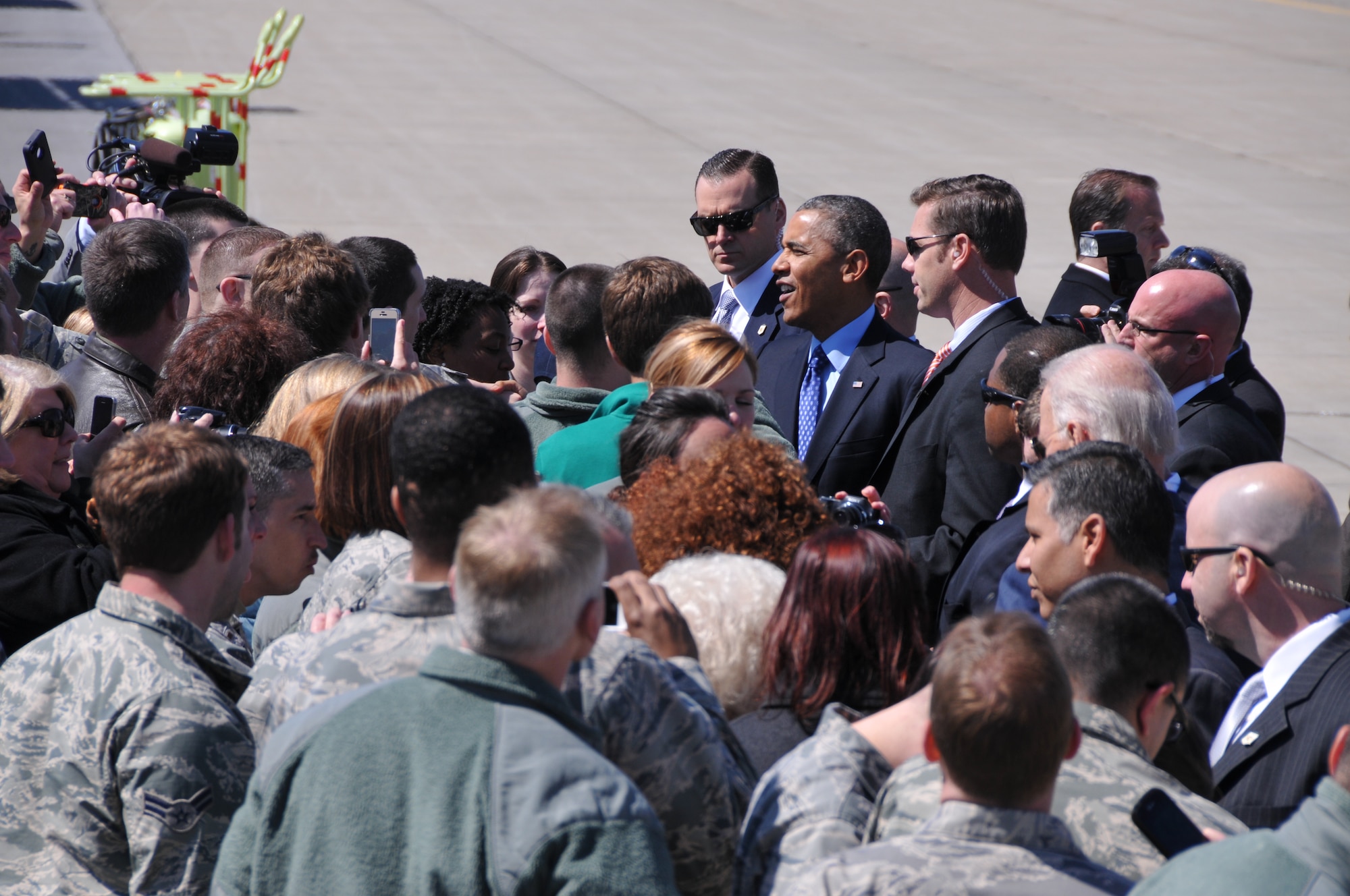 President Obama and Vice President Biden land at the Pennsylvania Air National Guard 171st Air Refueling Wing near Pittsburgh Pennsylvania, April 16, 2014. Before their tour of the Community College of Allegheny County West Hills Center to speak on the importance of jobs-driven skills training, Obama and Biden took time to shake hands with members of the 171st Air Refueling Wing. (U.S. Air National Guard Photo by Major Karen Bogdan/Released)