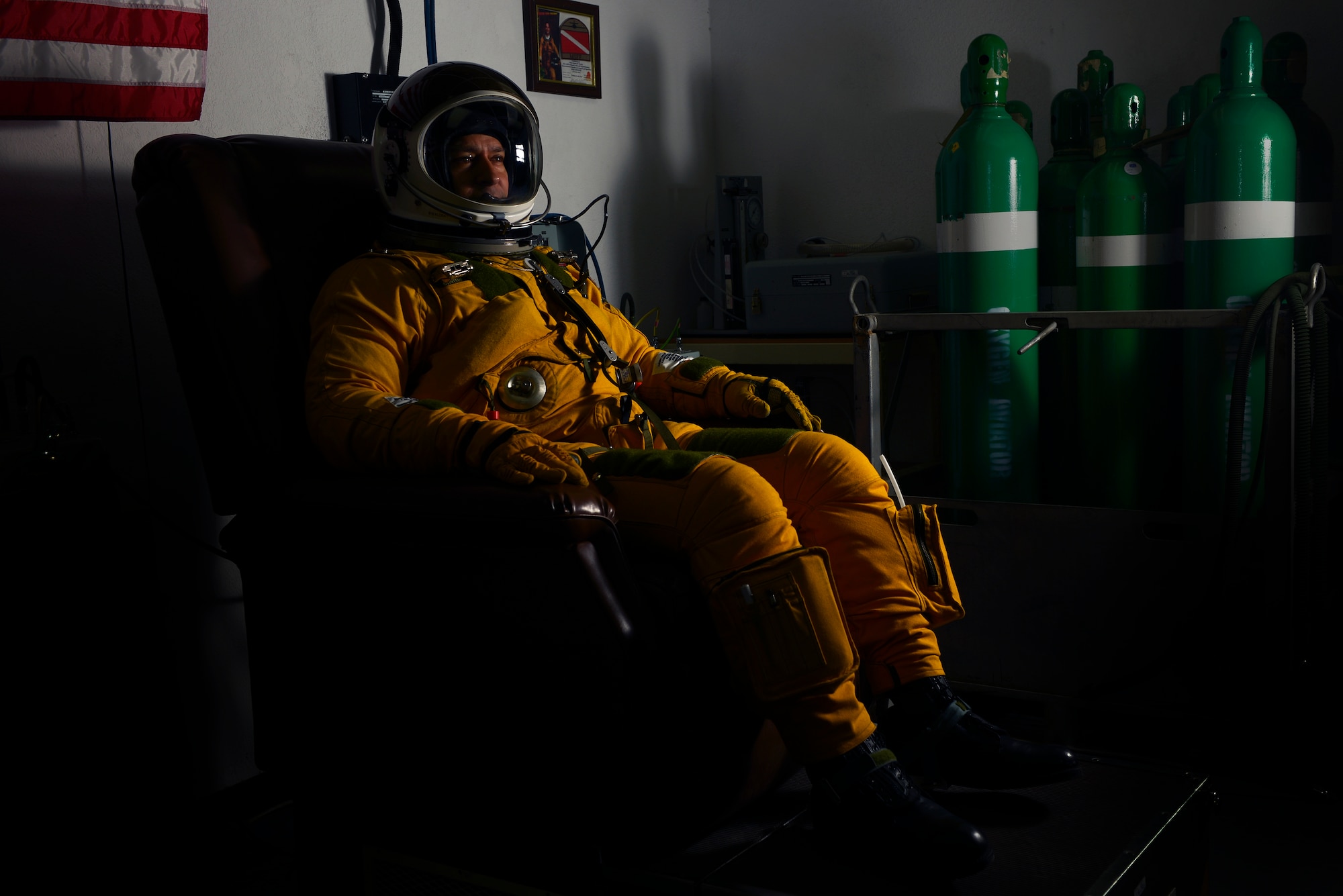 Lt. Col. Jeff Klosky receives 100 percent oxygen one hour before his flight April 20, 2014, in Southwest Asia. U-2 pilots receive the oxygen for approximately one hour to remove nitrogen and other gasses from the body to prevent decompression sickness. Klosky is a 99th Expeditionary Reconnaissance Squadron U-2 mission pilot. (U.S. Air Force photo/Tech. Sgt. Russ Scalf)