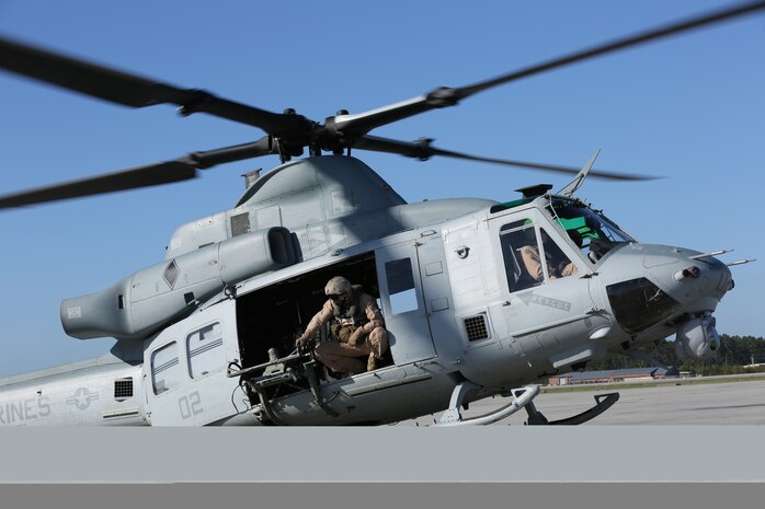 Members of Marine Light Attack Helicopter Squadron 467 take off in a UH-1Y Venom at Marine Corps Air Station Cherry Point, N.C., April 21, 2014. The flight crew conducted visual and instrument flight rules flying, gaining trust in their equipment.


