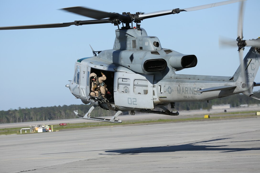 Members of Marine Light Attack Helicopter Squadron 467 take off in a UH-1Y Venom at Marine Corps Air Station Cherry Point, N.C., April 21, 2014. The flight crew conducted visual and instrument flight rules flying to gain trust in their equipment. This type of flying improves the pilots as a whole by allowing the squadron to operate in all-weather conditions.


