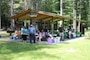 The Davis shelter at Townshend Lake, Townshend, Vt., where picnickers can dine in shady woods or take advantage of our covered picnic shelters. Shelters can be reserved, for a fee, for large gatherings such as family reunions or weddings. Grills are provided at the shelters, with playground equipment, horseshoe pits, and restrooms nearby.
