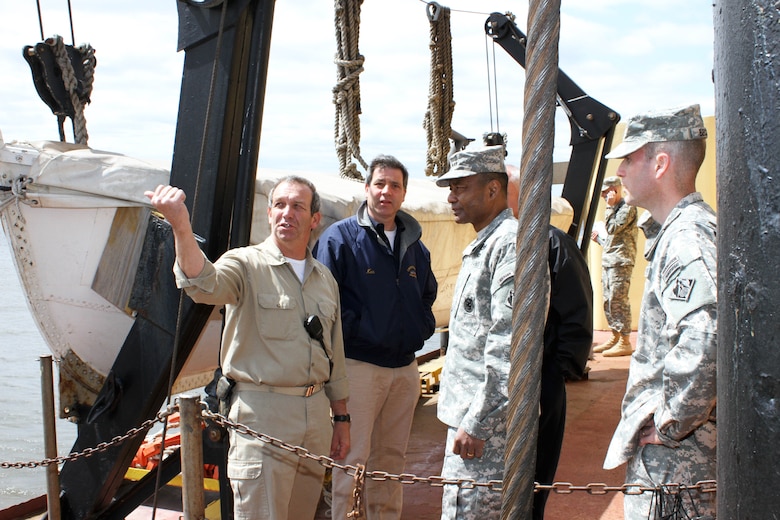 Dredge McFarland Capt. Karl Van Florcke discussed the Mac's dredging capabilities with Lt. Gen. Thomas P. Bostick, U.S. Army Corps of Engineers Commanding General and the Chief of Engineers, during an April 23 visit to the Philadelphia District. 