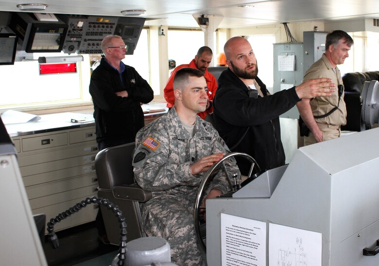Lt. Col. Marc Hoffmeister, Executive Officer, steered the Dredge McFarland during an April 23 visit to the Philadelphia District. The ‘Mac’ conducts emergency and national defense dredging as well as planned projects in the Delaware River and Bay.  