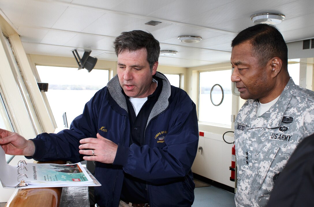 Assistant Chief of Operations Ken Goldberg briefs Lt. Gen. Thomas P. Bostick, U.S. Army Corps of Engineers Commanding General and the Chief of Engineers, on Dredge McFarland activities during an April 23 visit the Philadelphia District. 