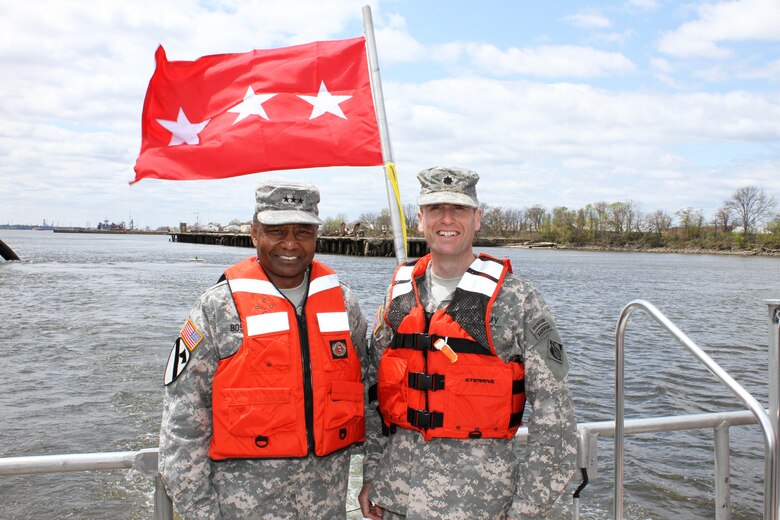 Lt. Gen. Thomas P. Bostick, U.S. Army Corps of Engineers Commanding General and the Chief of Engineers (left), toured the Dredge McFarland with Philadelphia District Commander Lt. Col. Chris Becking. The ‘Mac’ conducts emergency and national defense dredging as well as planned projects in the Delaware River and Bay.