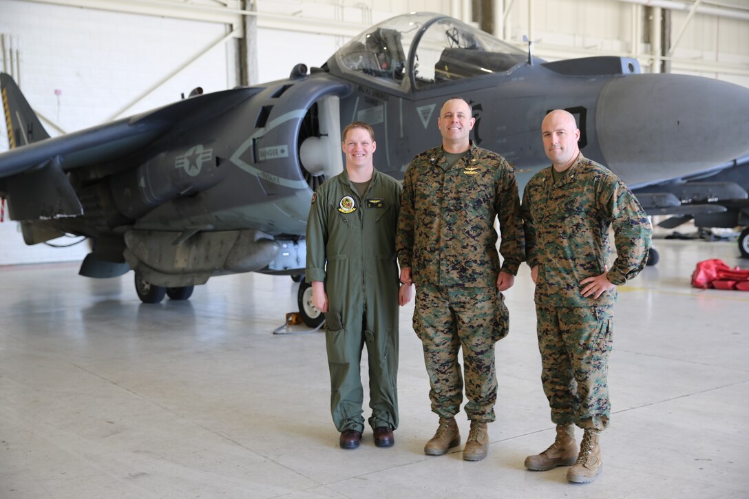 Navy Lt. Ian Uber (left), Cmdr. Raymond Batz (center), and Lt. Col. Bill Sauerland (right), pose for a photo in front of a Marine Corps AV-8B Harrier at Marine Corps Air Station Cherry Point, N.C., Feb. 25, 2014. 
All three service members graduated from Grove City Area High School before earning commissions in their respective branch of service. Uber is a flight surgeon with Marine Attack Squadron 542; Batz is the wing surgeon for 2nd Marine Aircraft Wing; and Sauerland is the executive officer for Marine Aircraft Group 14. 
VMA-542, 2nd MAW and MAG-14 are all based out of MCAS Cherry Point near Havelock, N.C. (Official Marine Corps photo by Lance Cpl. Grace Waladkewics) (RELEASED) 
