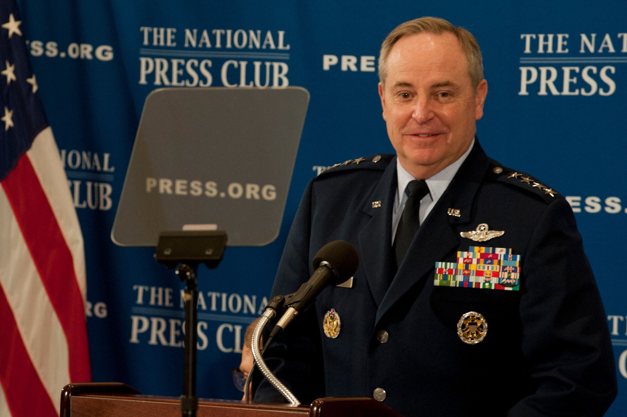 Air Force Chief of Staff Gen. Mark A. Welsh III speaks at the National Press Club in Washington, April 23, 2014. Welsh provided attendees a glimpse into the future of the Air Force and completed a question and answer session to conclude the breakfast. (U.S. Air Force photo/Staff Sgt. Carlin Leslie)
