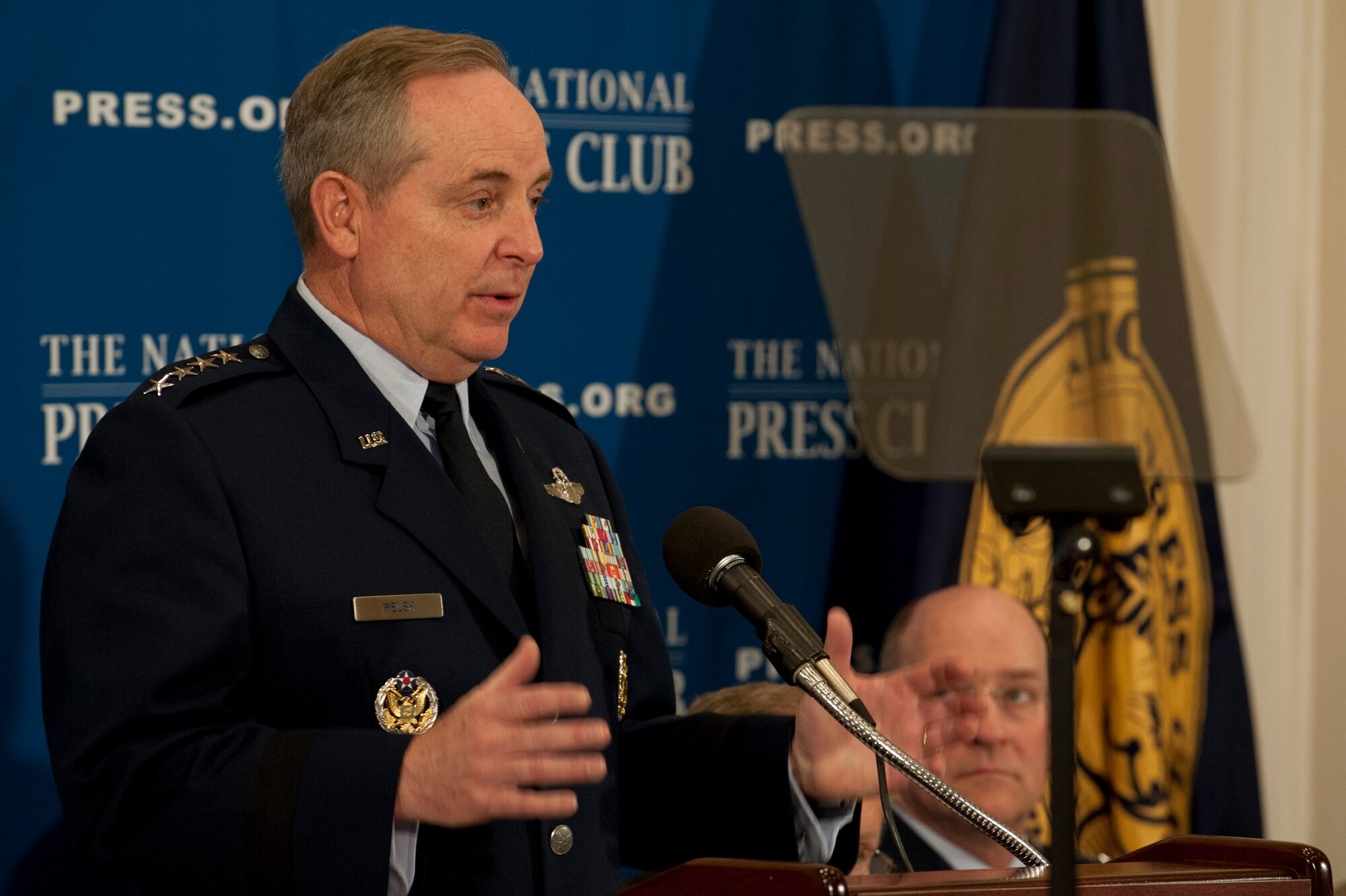 Air Force Chief of Staff Gen. Mark A. Welsh III speaks at the National Press Club in Washington, April 23, 2014. Welsh provided attendees a glimpse into the future of the Air Force and completed a question and answer session to conclude the breakfast. (U.S. Air Force photo/Staff Sgt. Carlin Leslie)
