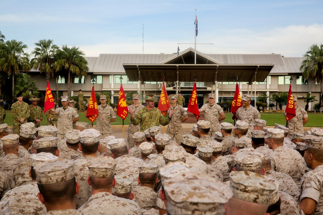 Brig. Gen. John Frewen, 1st Brigade commanding general and senior Australian Defence Force officer for Robertson Barracks, addresses Marines with Marine Rotational Force – Darwin about the six-month rotation, expectations and the significance of their presence, here, April 11. Frewen said the rotation is a tangible sign of the strength between Australia and the United States.