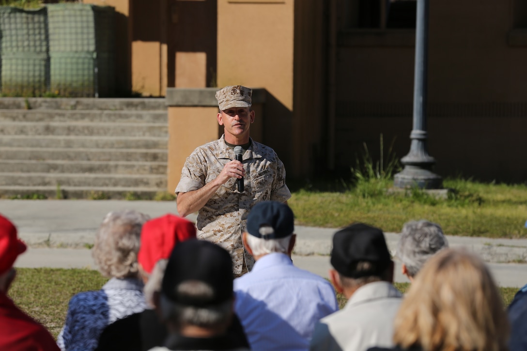 Brig. Gen. James Lukeman, commanding general of 2nd Marine Division, spoke to veterans and their families at World War II Day aboard Marine Corps Base Camp Lejeune, N.C., April 24, 2014. “The Marines that are serving in Afghanistan and Iraq learned how to act from the legacy that World War II veterans left,” said Lukeman.