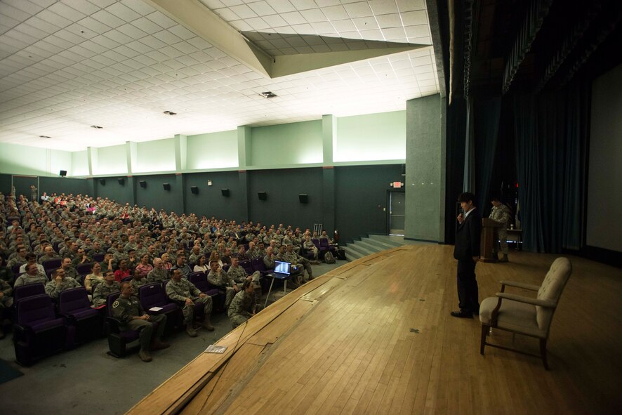 Shin Dong-hyuk, escapee of a North Korean interment camp, speaks to an audience about his life April 23, 2014, at Osan Air Base, Republic of Korea. Shin was born a prisoner of Camp 14, an interment camp for political offenders in North Korea. (U.S. Air Force photo by Staff Sgt. Jake Barreiro)