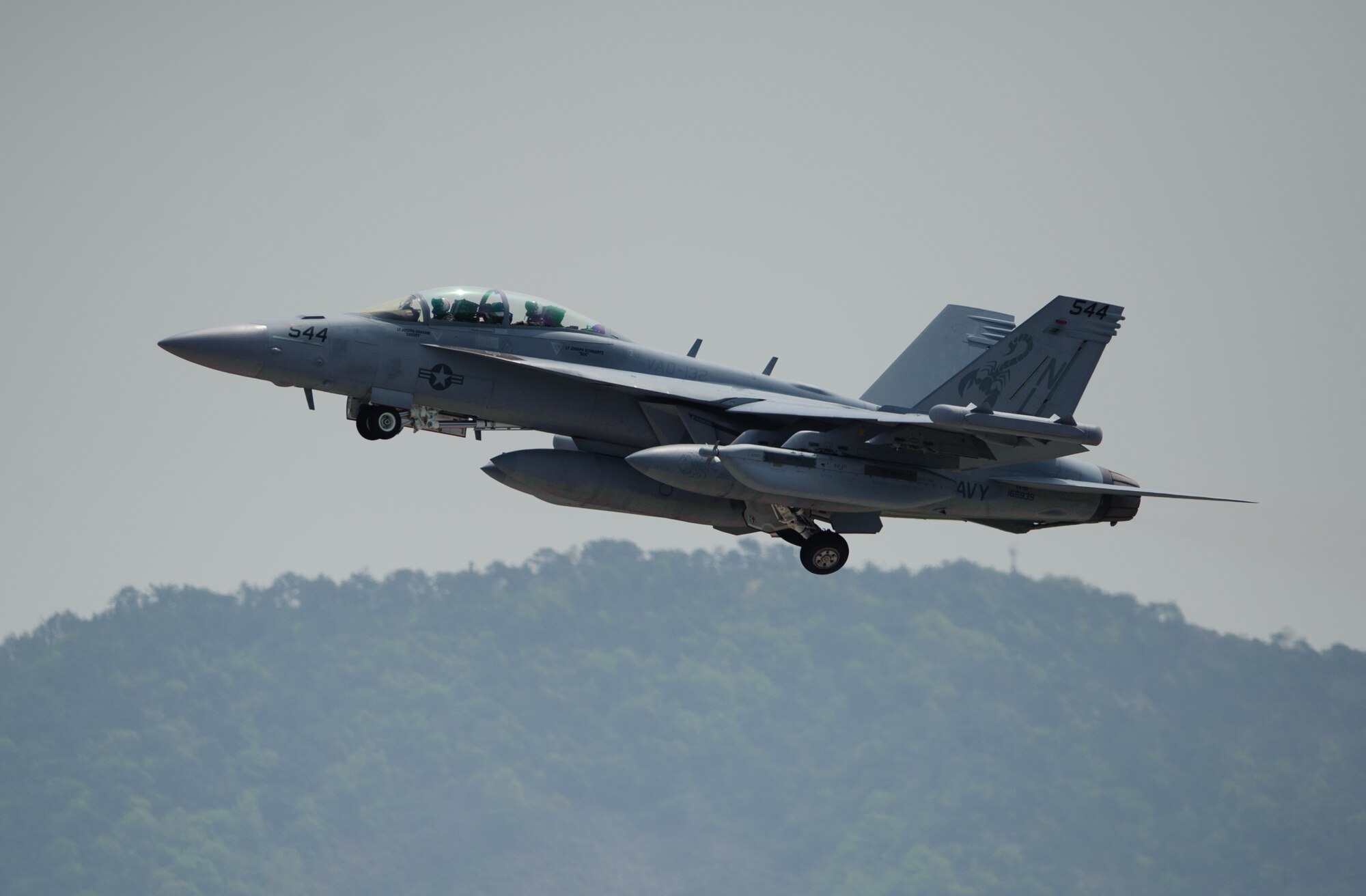 A U.S. Navy EA-18G Growler takes off for a sortie during Max Thunder at Gwangju Air Base, Republic of Korea, April 22, 2014. The two-week exercise is the air component-led portion of Exercise Foal Eagle and trains both ROK and U.S. Airmen on aerial training. (U.S. Air Force photo by Senior Airman Armando A. Schwier-Morales/Released)