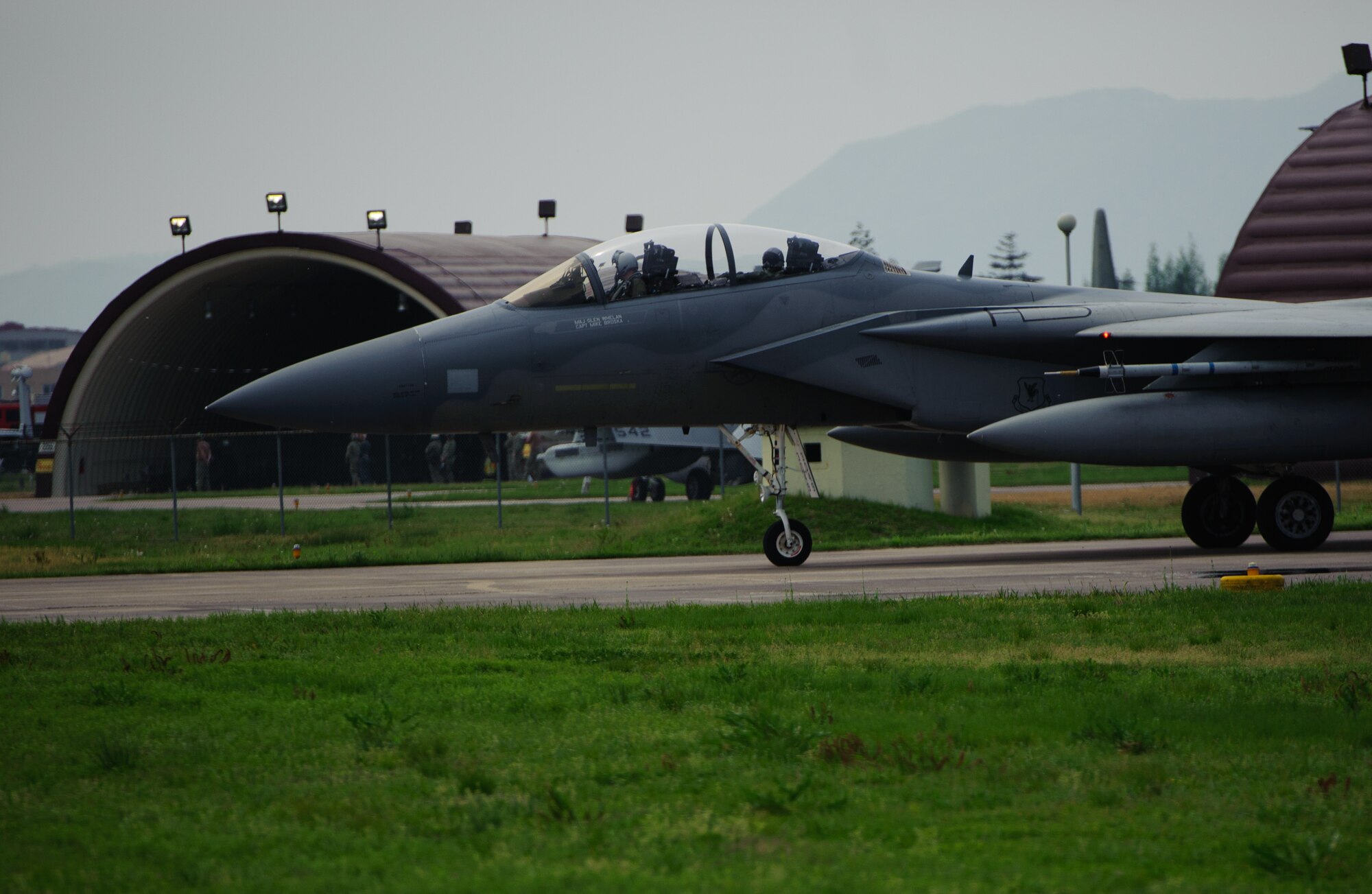 A Kadena Air Base, Japan, F-15 Eagle taxis to a sortie during Max Thunder at Gwangju Air Base, Republic of Korea, April 22, 2014. The two-week exercise is the air component-led portion of Exercise Foal Eagle and trains both ROK and U.S. Airmen on aerial training. (U.S. Air Force photo by Senior Airman Armando A. Schwier-Morales/Released)