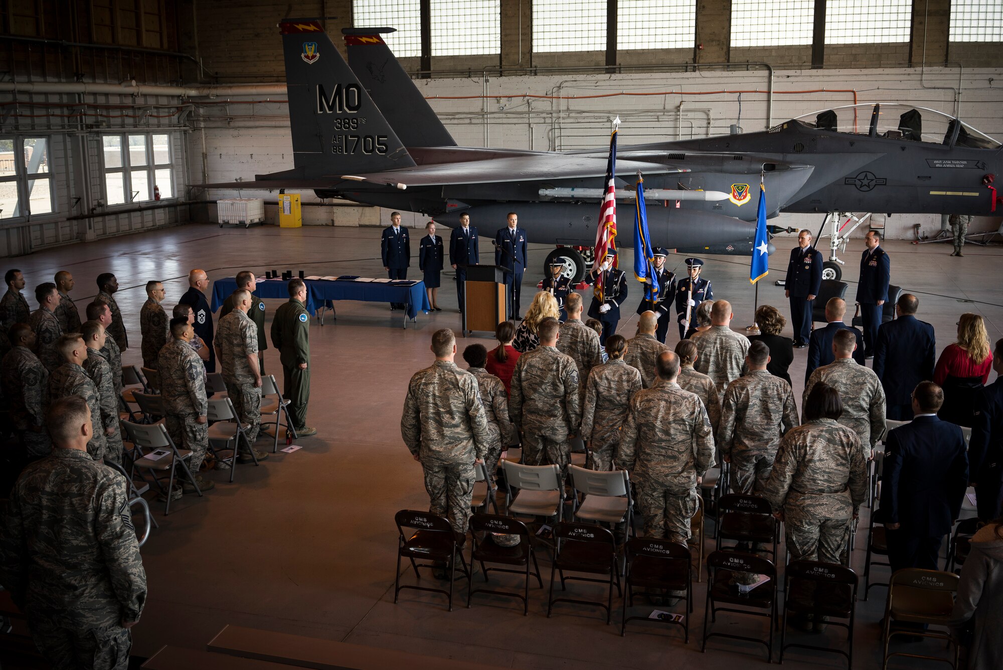 Base honor guardsmen present the colors at the start of a retirement ceremony for Maj. Edward Schlegel, 366th Aircraft Maintenance Squadron, at Mountain Home Air Force Base, Idaho, April 18, 2014. Maj. Gen. Kurt Neubauer, Air Force Chief of Safety, visited the base to officiate the retirement. (U.S. Air Force photo by Tech. Sgt. Samuel Morse/RELEASED)