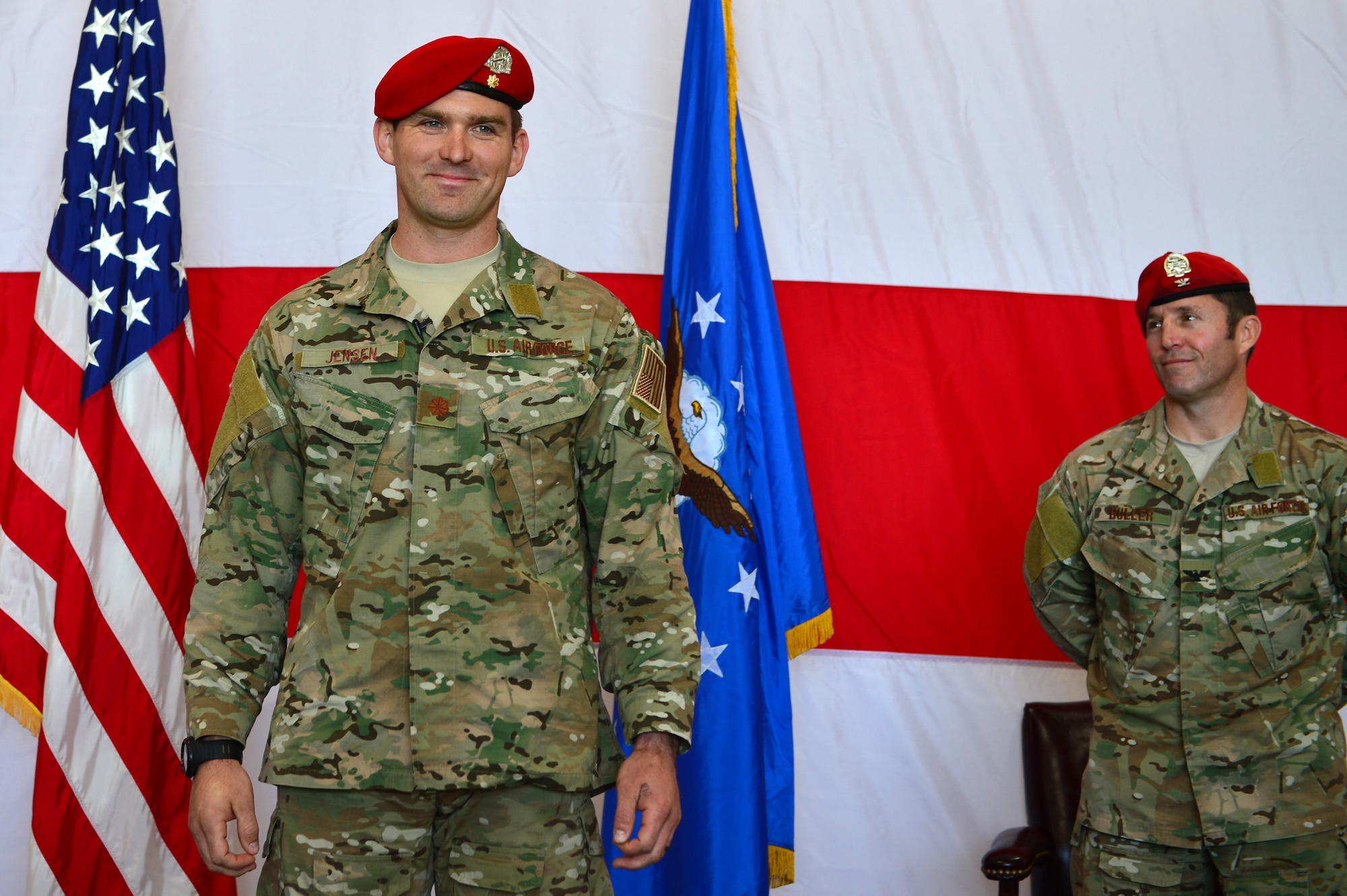 U.S. Air Force Maj. Michael Jensen, 26th Special Tactics Squadron commander smiles after assuming command of the squadron. The 26 STS, formerly Detachment 1 of the 720th Special Tactics Group, Hurlburt Field, Fla., is a newly activated squadron based at Cannon. (U.S. Air Force photo/ Senior Airman Eboni Reece)