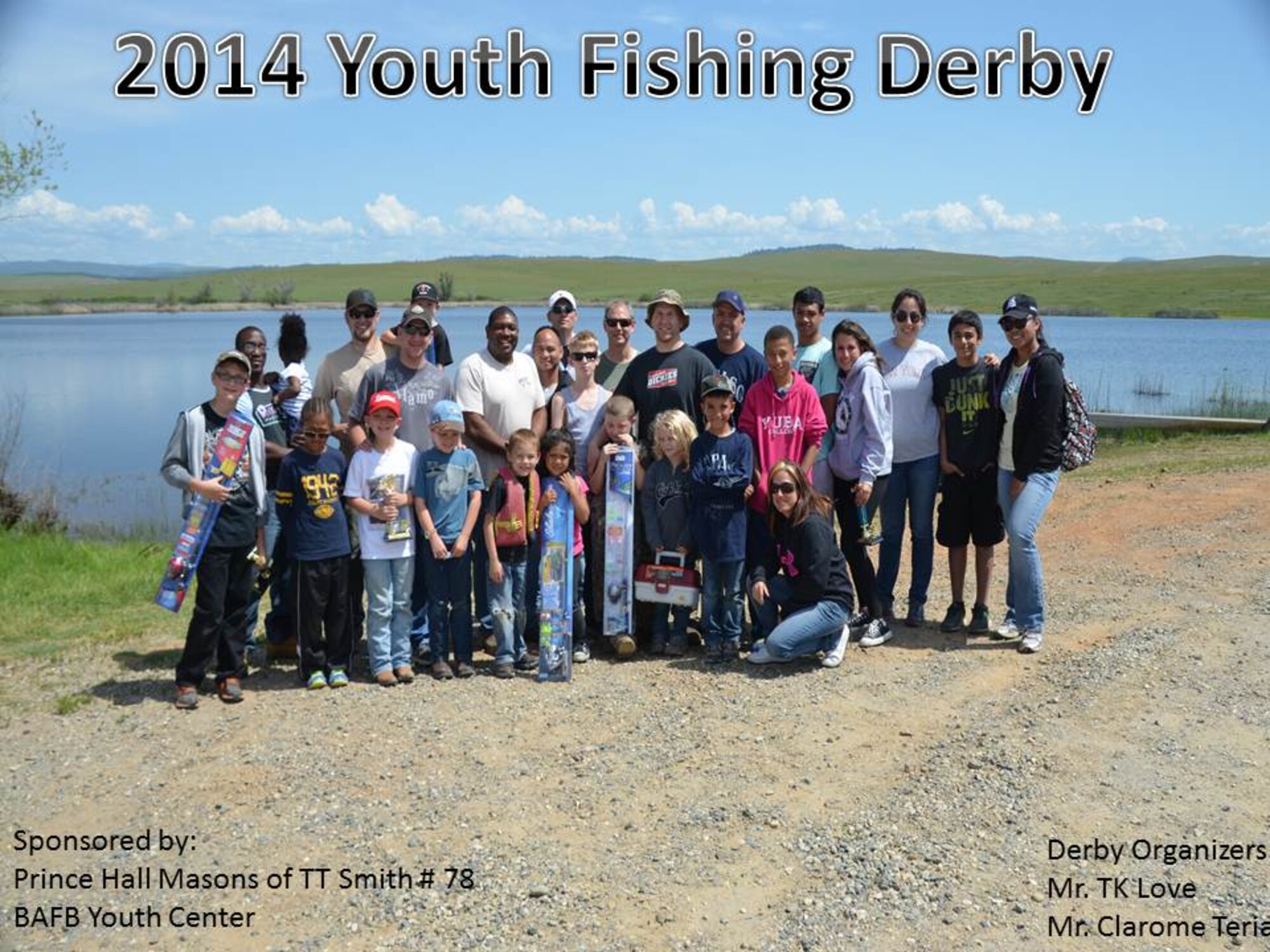 Members of Team Beale pose for a picture at Beale’s 5th Annual Youth Fishing Derby held at Upper Blackwelder Lake, on Beale Air Force Base, Calif., April 18, 2014. More than 50 aspiring fishermen participated in the event. (Courtesy graphic illustration) 