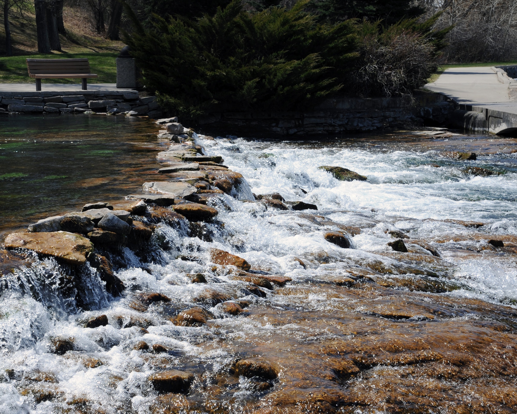 Water flows over rocks at Giant Springs State Park in Great Falls, Mont. Giant Springs was discovered by the Lewis and Clark Expedition in 1805 and is one of the largest freshwater springs in the country. (U.S. Air Force photo/Airman 1st Class Joshua Smoot)   
