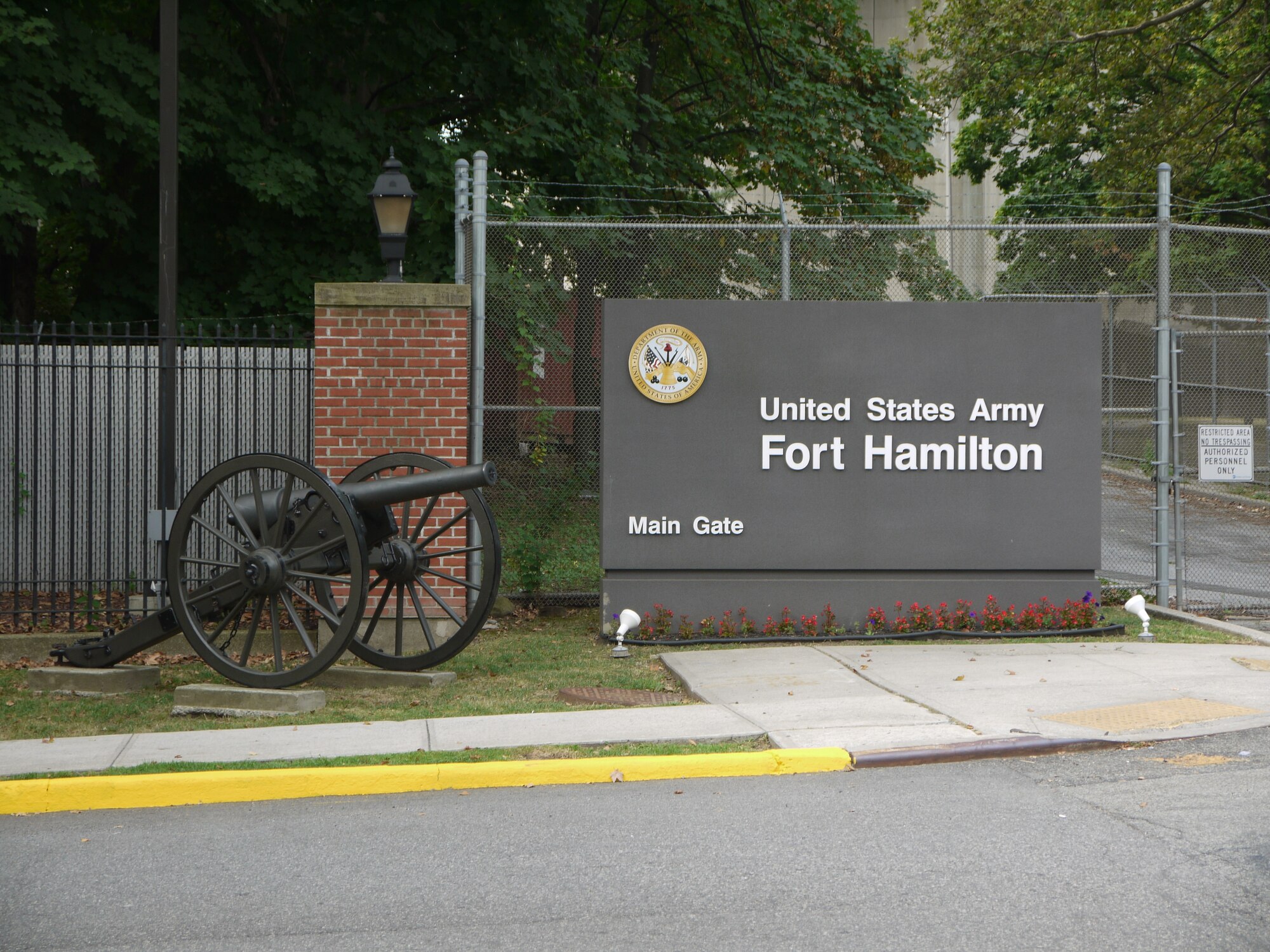 FORT HAMILTON, N.Y. -- Installation signage, like this, across all Department of Defense service branches will soon be standardized, as a result of the publication of an updated Unified Facilities Criteria publication, UFC 3-120-01 Design – Sign Standards. The document is the result of a three-year effort by the Air Force Civil Engineer Center, the U.S. Army Corps of Engineers and the Naval Facilities Engineering Command. (Courtesy photo)