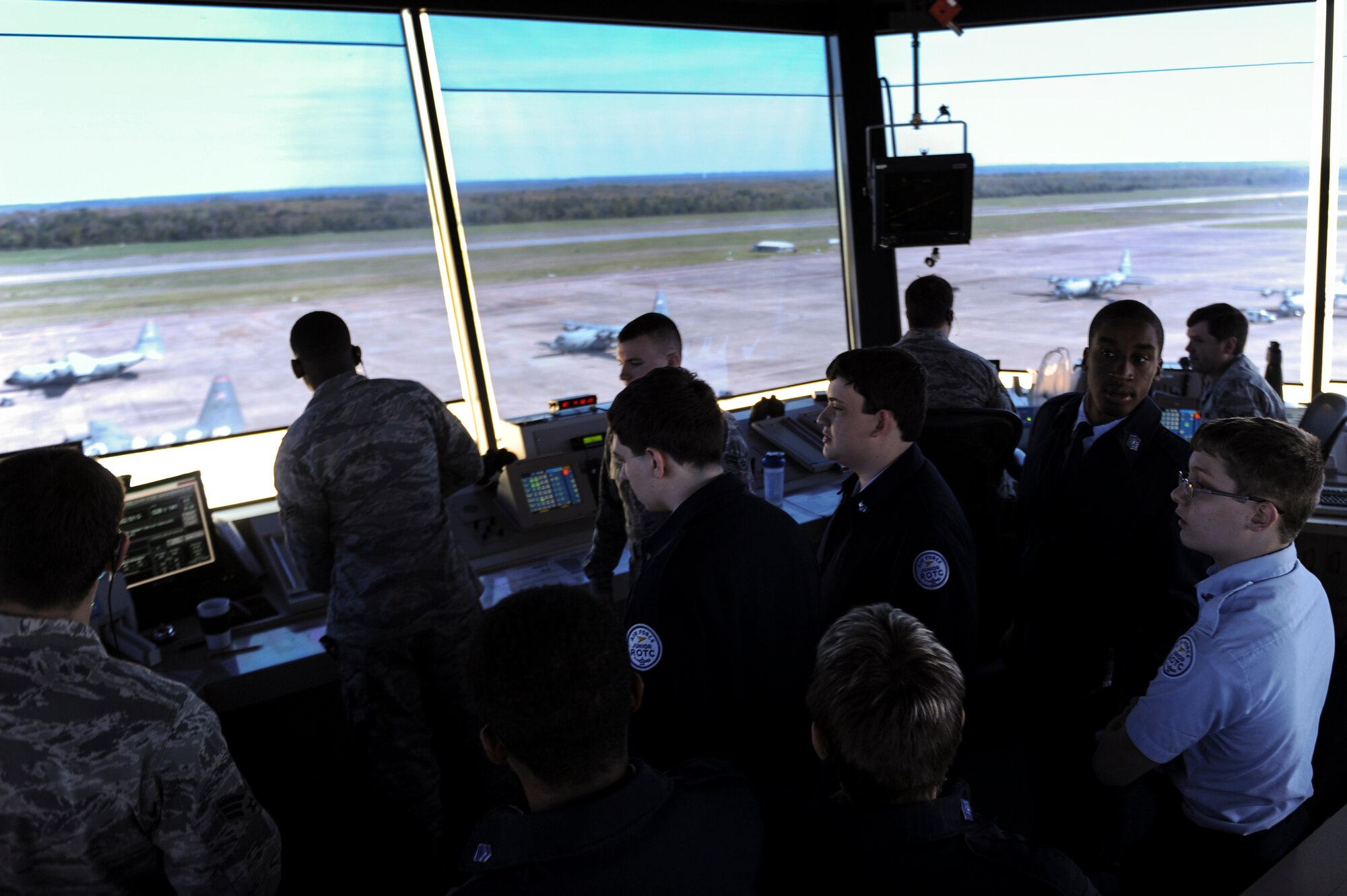 Junior Reserve Officer Training Corps cadets are given a tour of the aircraft control tower during Little Rock Air Force Base’s Junior Reserve Officer Training Corps Expo Day April 17, 2014. This year’s Expo consisted of nine schools from the surrounding area comprised of approximately 300 cadets. (U.S. Air Force photo by Airman 1st Class Cliffton Dolezal)