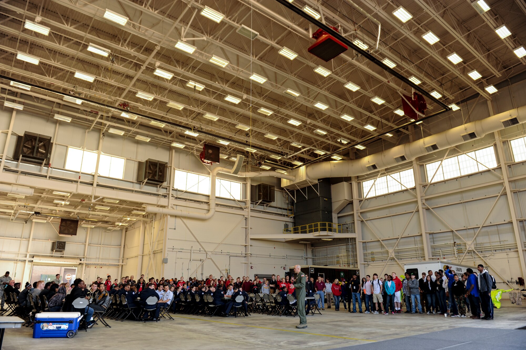 Lt. Col Eric Wittendorfer, the 19th Operation Support Group commander, briefs Junior Reserve Officer Training Corps cadets about the events that are scheduled for them during the JROTC Expo Day April 17, 2014, at Little Rock Air Force Base, Ark. The annual Little Rock AFB Junior ROTC Expo is a consolidated career day that represents an overview of Team Little Rock’s mission. (U.S. Air Force photo by Airman 1st Class Cliffton Dolezal) 