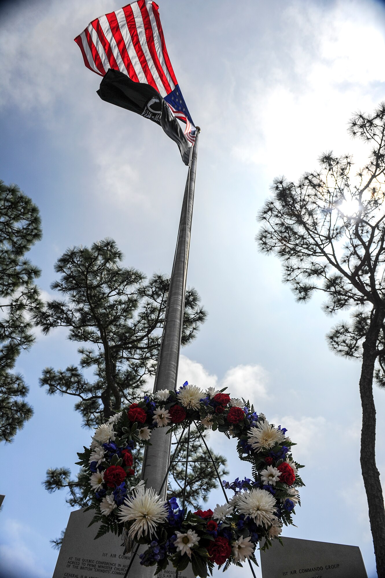 The Operation Eagle Claw memorial wreath sits on display at the air park on Hurlburt Field, Fla., April 24, 2014. As U.S. forces prepared to abort Operation Eagle Claw, one of the helicopters crashed into a transport aircraft, which contained both service members and jet fuel. The resulting fire killed eight service members, five of which were from Hurlburt Field. (U.S. Air Force photo/Airman 1st Class Jeff Parkinson)
