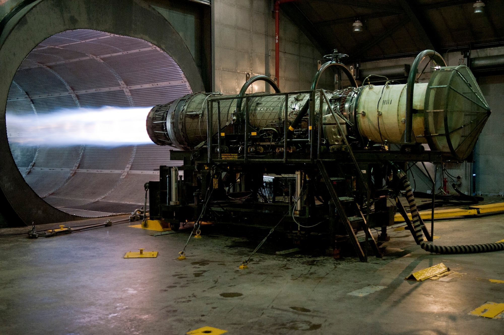 An F-15E Strike Eagle aircraft engine is tested in the 4th Component Maintenance Squadron propulsion flight test cell facility, April 23, 2014, at Seymour Johnson Air Force Base, N.C. The test cell facility runs diagnostics on F-15E engines to make sure they’re functioning properly. (U.S. Air Force photo/Airman 1st Class Shawna L. Keyes)  