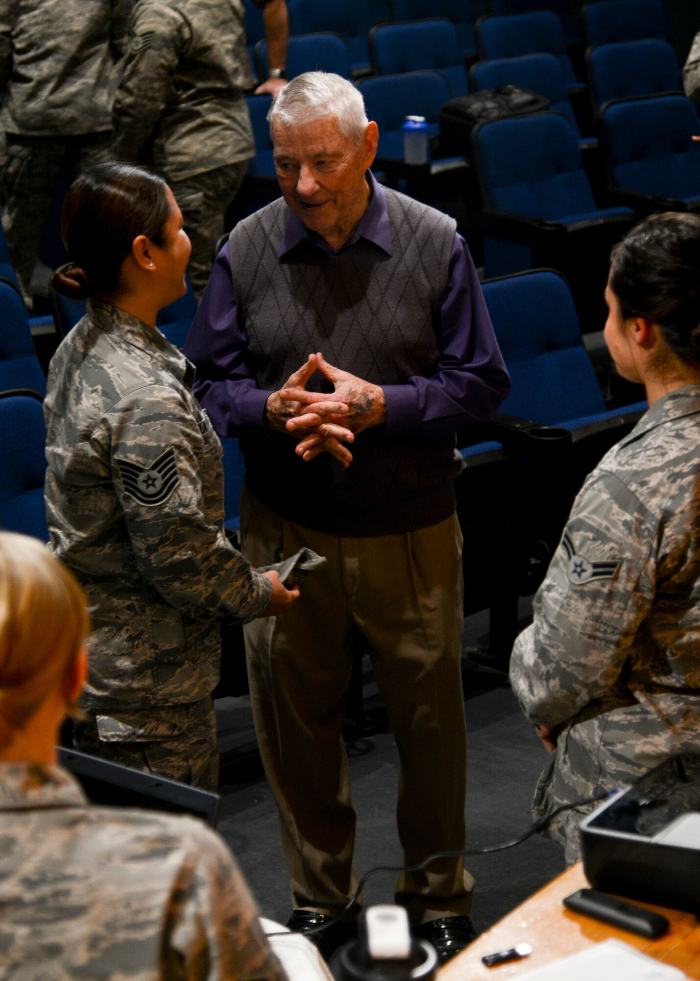 Retired Chief Master Sgt. of the Air Force Robert D. Gaylor visits with Airmen at Langley Air Force Base, Va., April 23, 2014. Gaylor served as the fifth CMSAF from 1977-1979, and continues to travel to Air Force installations. (U.S. Air Force photo by Airman 1st Class Victoria H. Taylor/Released) (This image was cropped and altered to enhance the subject) 