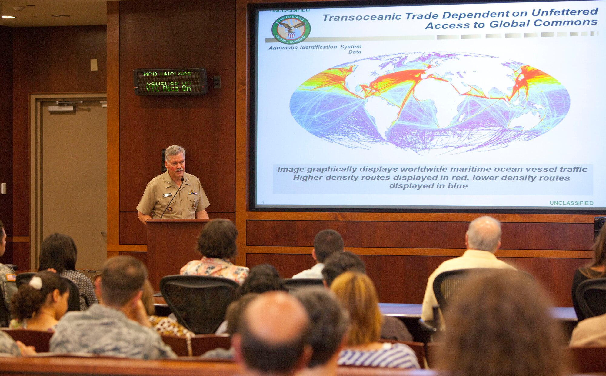 Vice Adm. Mark Fox, U.S. Central Command deputy commander, gives a group of USCENTCOM family members a brief on USCENTCOM’s area of responsibility at MacDill Air Force Base, Fla., April 18. (U.S. Marine Corps photo by Sgt. Fredrick J. Coleman/Released)