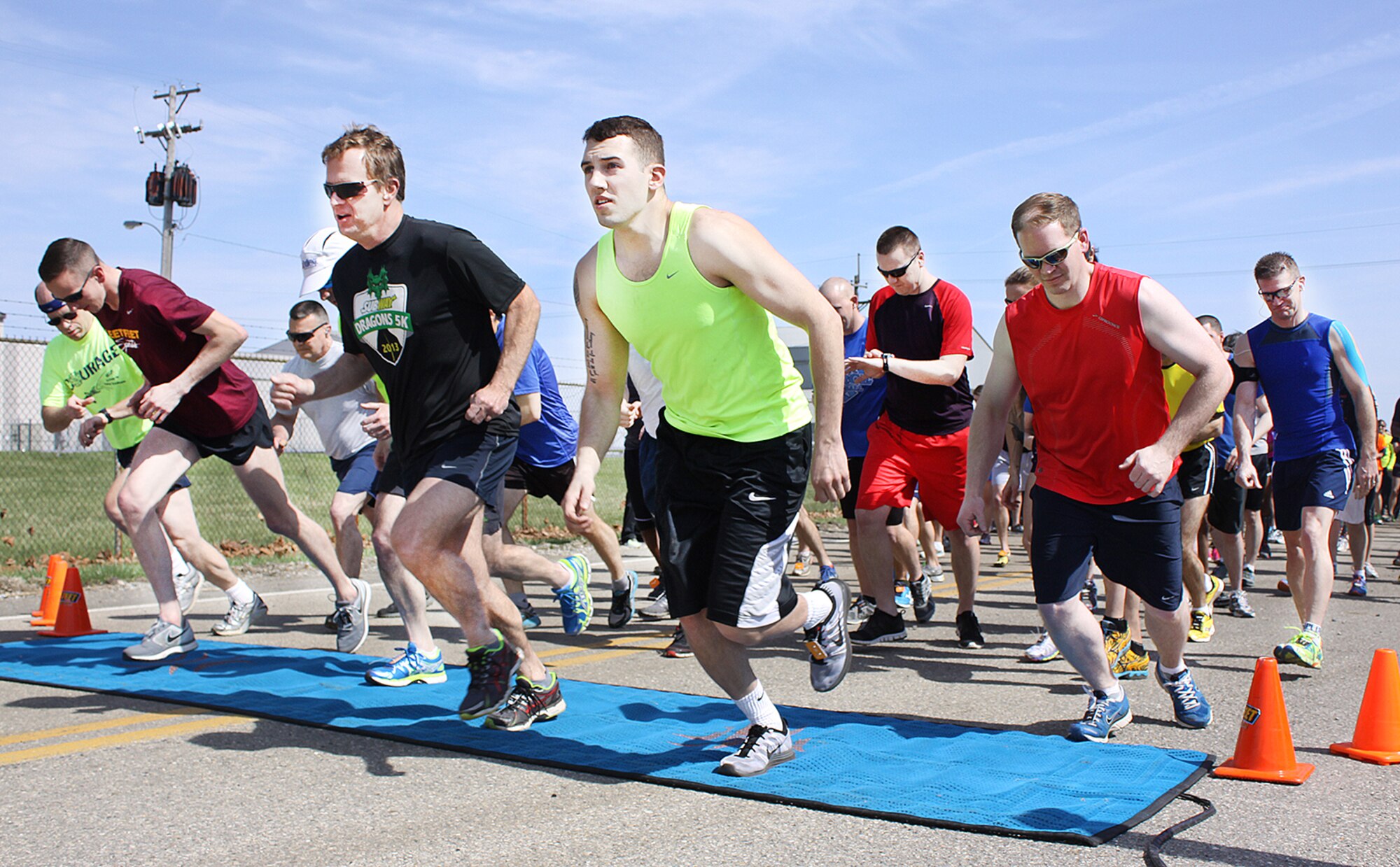 Runners start the Race for Respect 5K on April 10 at Bass Lake in Area A. April is Sexual Assault Awareness Month, and the event raised $1,400 that will be donated to the Air Force Aid Society.