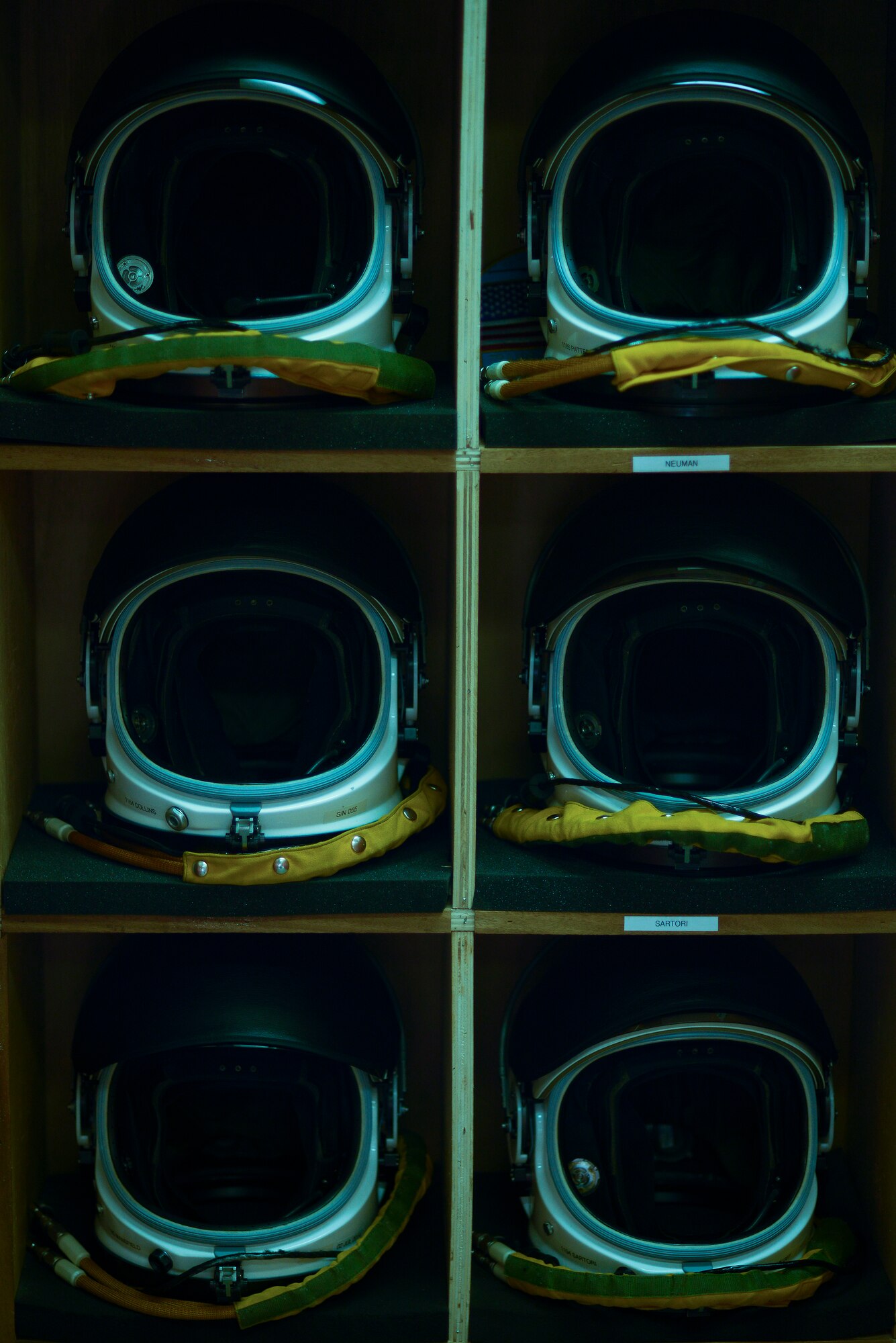 Full pressure suit helmets sit in the aircrew locker room at the 99th Expeditionary Reconnaissance Squadron April 20, 2014, at an undisclosed location in Southwest Asia. The helmets, unique to the U-2 Dragon Lady, are the only ones in the Air Force capable of sustaining pilots during high altitude flight. (U.S. Air Force photo byTech. Sgt. Russ Scalf/Released)