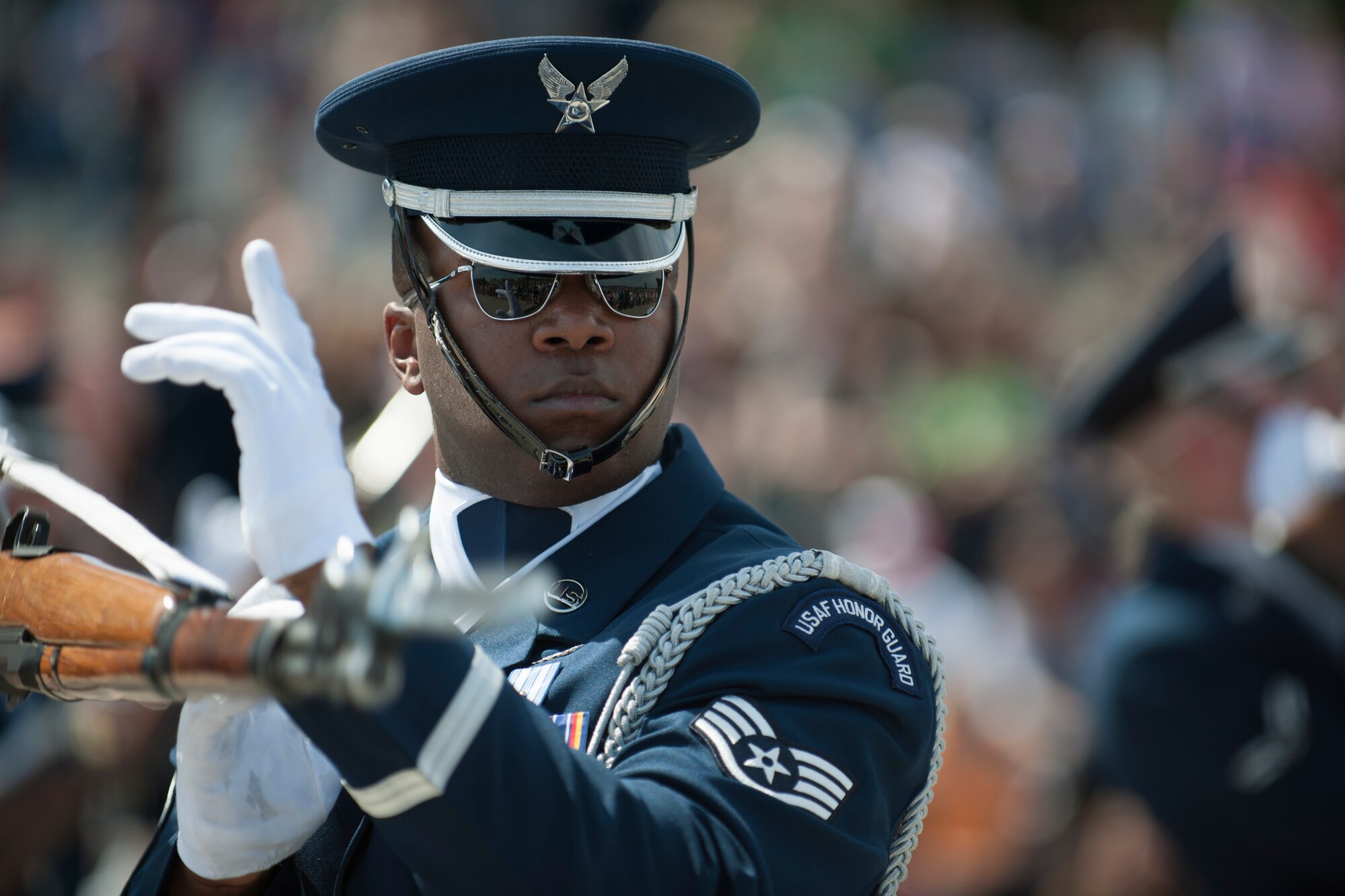 Staff Sgt. Antonio Lofton, U.S. Air Force Honor Guard Drill Team performs during the Joint Service Drill Exhibition, April 12, 2014, at the Jefferson Memorial in Washington, D.C. (U.S. Air Force Photo/Staff Sgt. Robert Cloys)