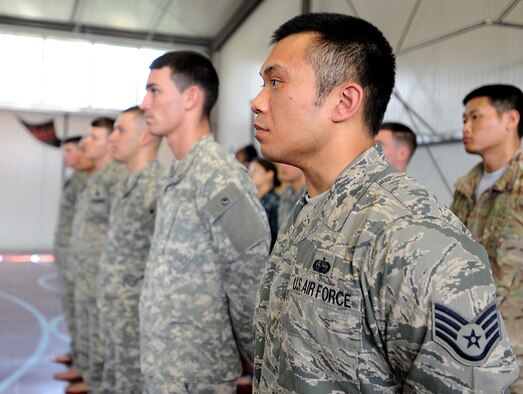 Members of Modern Army Combatives program stand in formation during the class graduation ceremony April 18, 2014, at Landstuhl Regional Medical Center. The Modern Army Combatives program is used to teach techniques from different mixed martial arts to members of all branches of the U.S. military to prepare for hand-to-hand combat situations. (U.S. Air Force photo/Airman 1st Class Holly Mansfield)