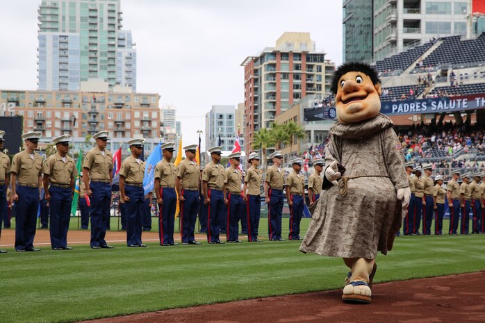 Padres’ mascot, the “Swinging Friar,” pumps up the crowd during the San Diego Padres Military Appreciation Sunday game opening ceremony at Petco Park, San Diego, April 13. Every Sunday home game sees Padres players wear camouflage jerseys, which look similar to the Marine Corps’ desert camouflage utilities. The team honors San Diego’s service members, veterans and military families during these games, dedicating a game for each branch of the armed forces and special salutes for military kids, military spouses and military families.