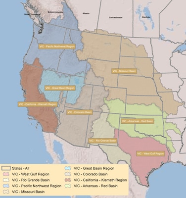 BCSD CMIP3 Hydrologic Projections - Geographic Extent of Hydrologic Modeling. Source: Downscaled Climate and Hydrology Projections website. Acronym Definitions: BCSD -  Bias-Correction Spatial Disaggregation; CMIP - Coupled Model Intercomparison Project