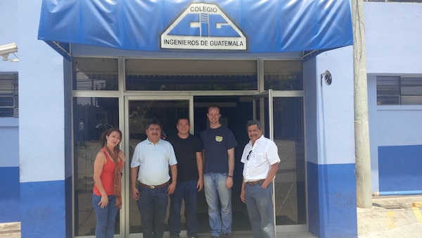 Hydraulic engineers from IWR's Hydrologic Engineering Center (HEC) traveled to Guatemala City, Guatemala to teach a class on hydraulics and hydrology from April 7 through April 12, 2014. Left to right: Ada Ovando, course assistant at the Colegio de Ingenieros; Professor Joram Gil, University of San Carlos, UNESCO Water Chair; José R. Valles León, Ministry of Environment and Natural Resources (El Salvador); Vince Moody, hydraulic engineer at the USACE Hydrologic Engineering Center; Professor Juan José Sandoval, Regional School of Sanitation Engineering and Water Resources, University of San Carlos.