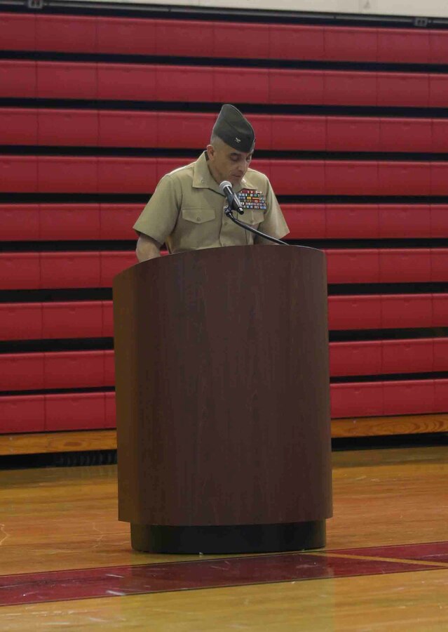 Colonel Clifford J. Weinstein, the commanding officer with 10th Marine Regiment, 2nd Marine Division, gives a brief lineage of the regiment and thanks the guests, families, Marines, and sailors of 10th Marines during a battle color rededication ceremony April 25, 2014. The ceremony was held to celebrate the regiment’s 100th anniversary, preserve the history of 10th Marines and to memorialize the regiment’s past through its present Marines and sailors.