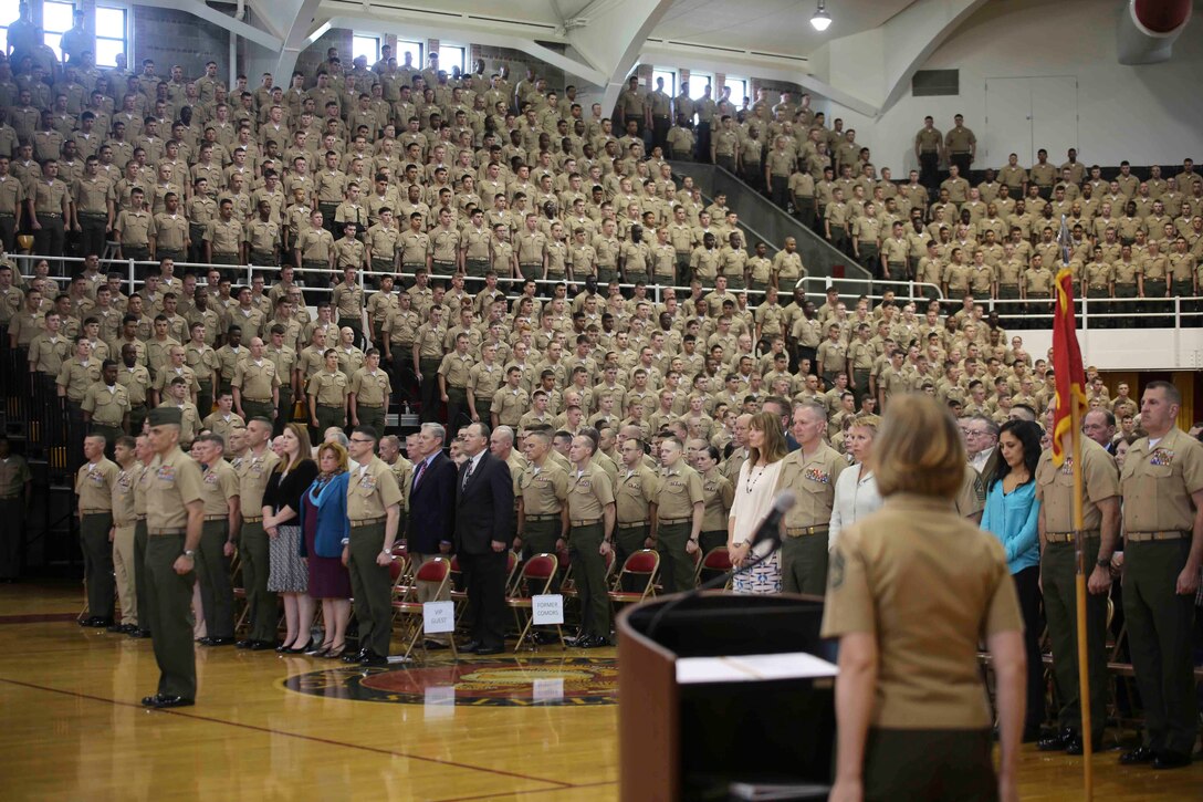 Marine, sailors, families and guests of 10th Marine Regiment, 2nd Marine Division attended a battle color rededication ceremony at the Goettge Field House, April 25, 2014. The ceremony was held to commemorate the 100th anniversary of 10th Marines, and memorialize the regiment’s past through its present Marines and sailors.