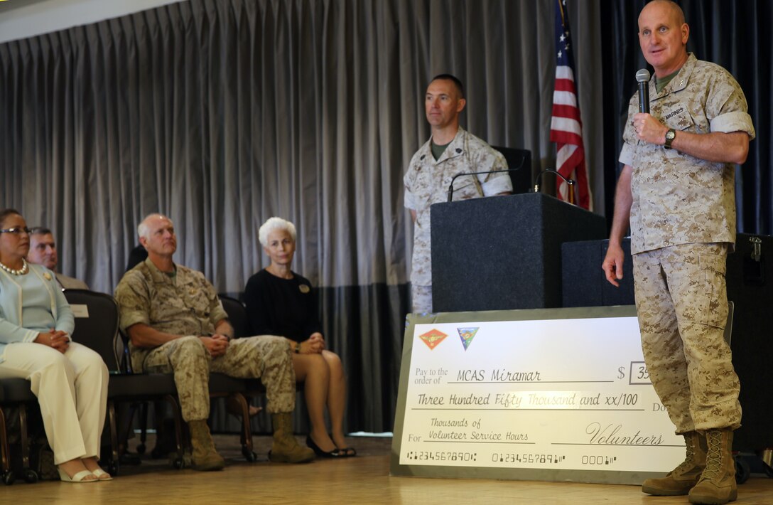 Maj. Gen. Steven Busby, right, 3rd Marine Aircraft Wing commanding general , and Sgt. Maj. Patrick Kimble, left, 3rd MAW sergeant major, stand and address volunteers during the 2014 Volunteer Appreciation Celebration aboard Marine Corps Air Station Miramar, Calif.,  April 24. The volunteers were able to raise $350,000 worth of donations for their efforts.