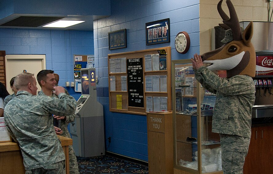 140424-F-GZ967-001 General Rusty the Antelope greets Airmen as they enter the Warren Lanes Bowling Center April 24 during the center’s Customer Appreciation Day. (U.S. Air Force photo by Airman 1st Class Brandon Valle)