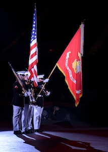 The U.S. Marine Corps Honor Guard performs during the Virginia International Tattoo, Virginia Art Festival, at the Scope Arena in Norfolk, Va., April 23, 2014.  Tattoos are ceremonial performances of military music by massed bands and have been practiced since the 17th century. (U.S. Air Force photo by Airman 1st Class Devin Scott Michaels/Released)(This image was cropped to emphasize the subject. Medium burning was done to objects in background to emphasize subject)