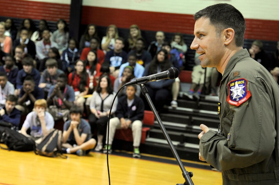 Maj. Mark Whisler, F-16 Fighting Falcon Heritage pilot, speaks to students at Greenacres Middle School in Bossier City, La., April 25, 2014. Performers for the 2014 Defenders of Liberty Air Show took time out to visit local schools to talk about their jobs and spark interest in the students about the Air Force. (U.S. Air Force photo/Tech. Sgt. Marie Brown)