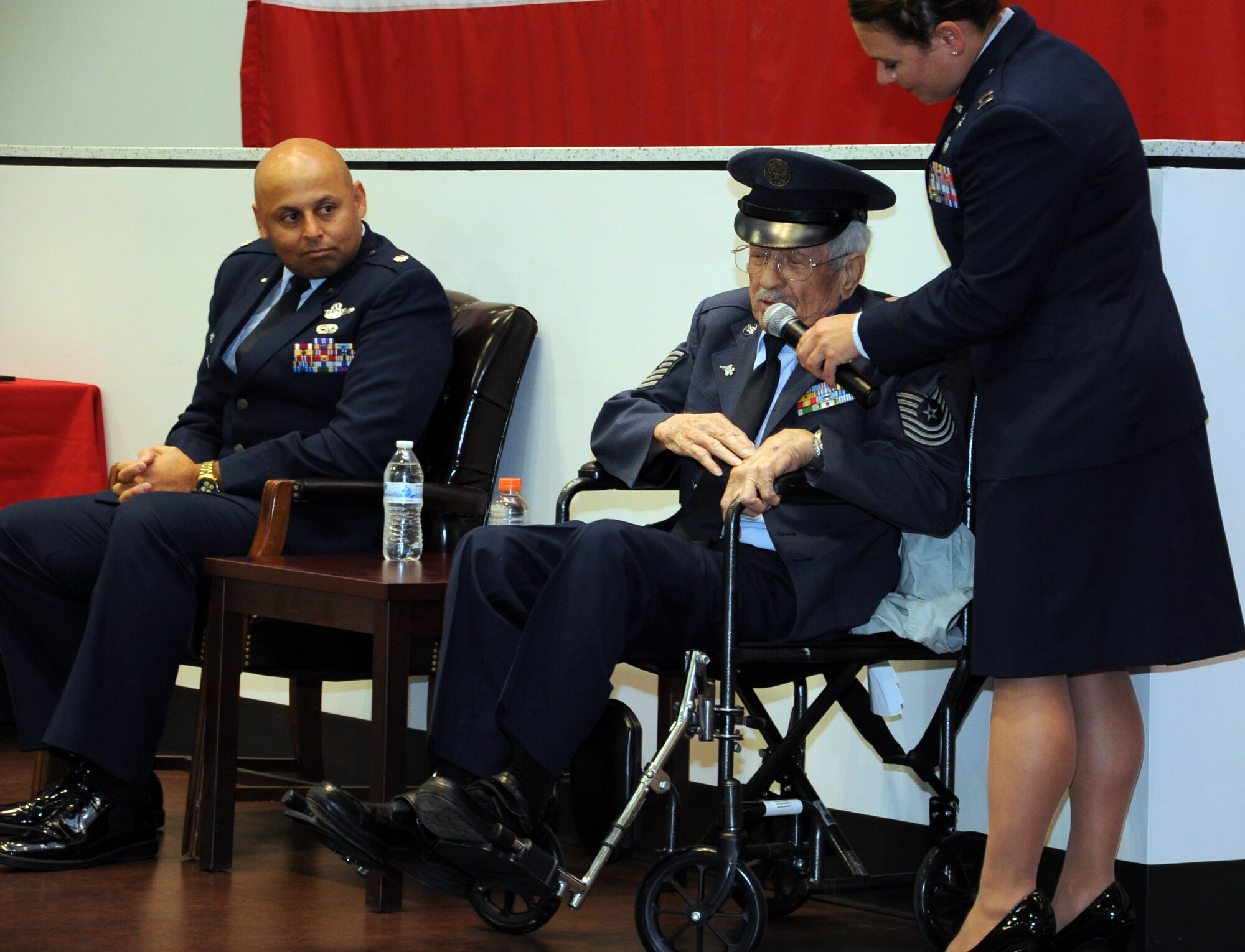 Master Sgt. Marion Kiszczak speaks at his retirement ceremony April 11 on Luke Air Force Base. Kiszczak, whose health is failing, returned to Luke to have the retirement ceremony he wasn’t able to have when he retired in 1969. (U.S. Air Force photo by Staff Sgt. Luther Mitchell Jr.)